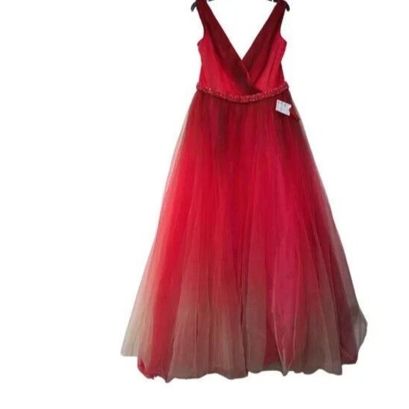 Mac Duggal‎ Gown Beaded Belt Wrap Over Sleeveless Ballgown Red Ombre Sz 8 20378 - Picture 8 of 9